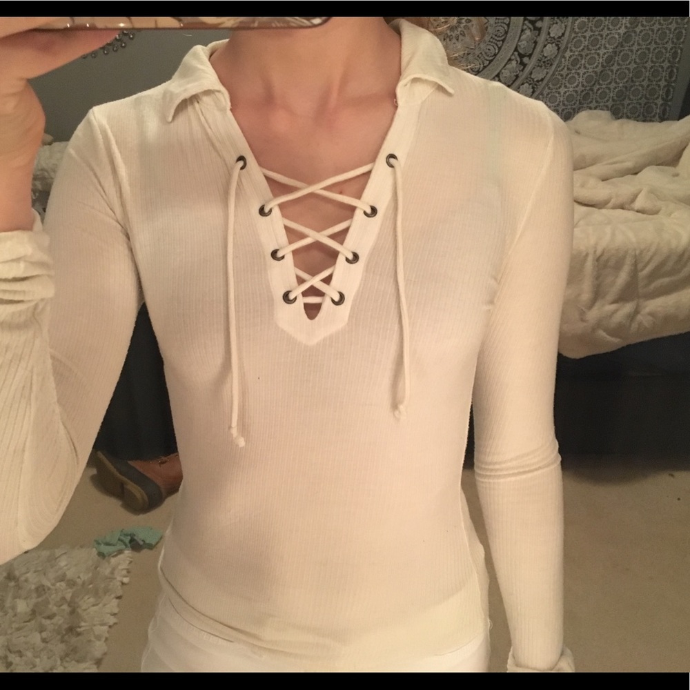 Hollister lace down tight white blouse
